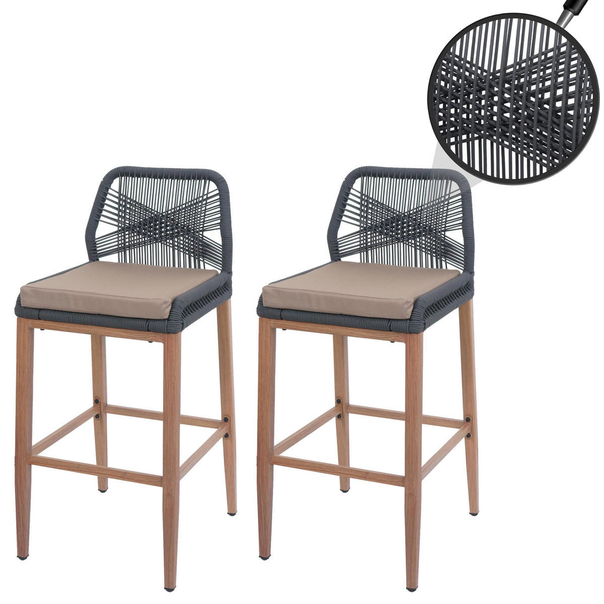GARTENSTUHL 2er-Set HxBxT 101x45x50cm Sitzhöhe 76cm Anthrazit Kissen Taupe Seilgeflecht Metall Holz-Optik - Anthrazit, Metall (45/101/50cm) - PROREGAL