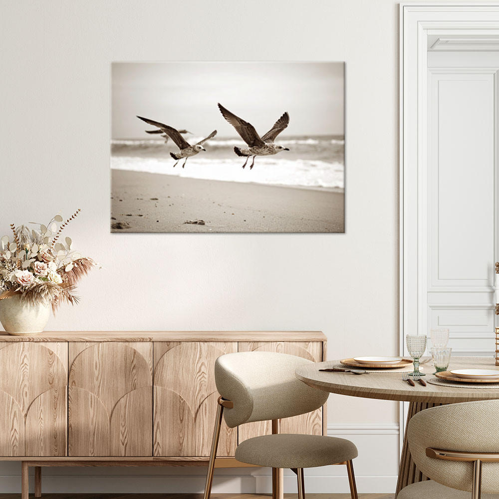 LEINWANDBILD Möwen Vögel Meer Strand beige 120x80cm - Beige, Textil (120/80cm) - Feeby