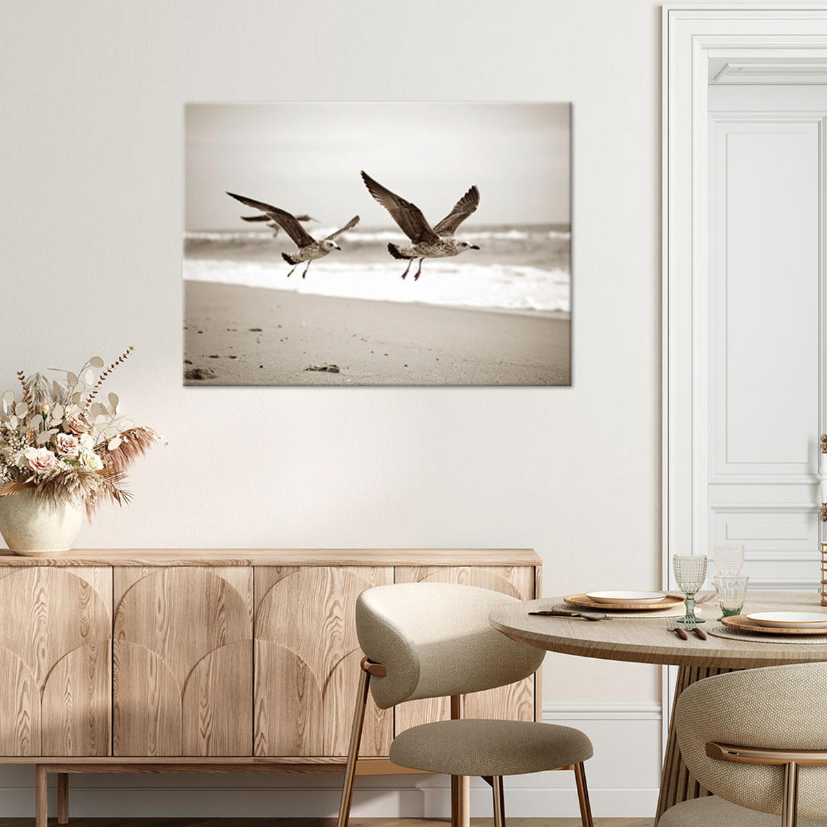 LEINWANDBILD Möwen Vögel Meer Strand beige 120x80cm - Beige, Textil (120/80cm) - Feeby