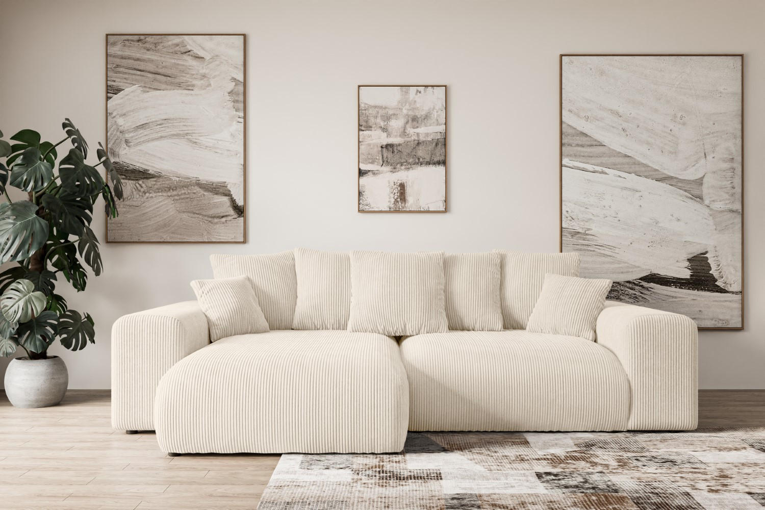 ECKSOFA mit Schlaffunktion und Bettkasten ESKAR-L 256x165x84cm Beige Cord - Beige/Schwarz, Holzwerkstoff/Kunststoff (256/165cm) - ALTDECOR