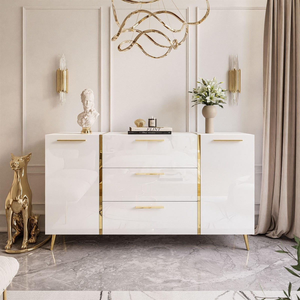 SIDEBOARDS MIT SCHUBLADEN ONYX AUF GOLDENEN BEINEN HOCHGLANZ 158 CM - Weiß, Holzwerkstoff (158/88/41.3cm) - Lookway