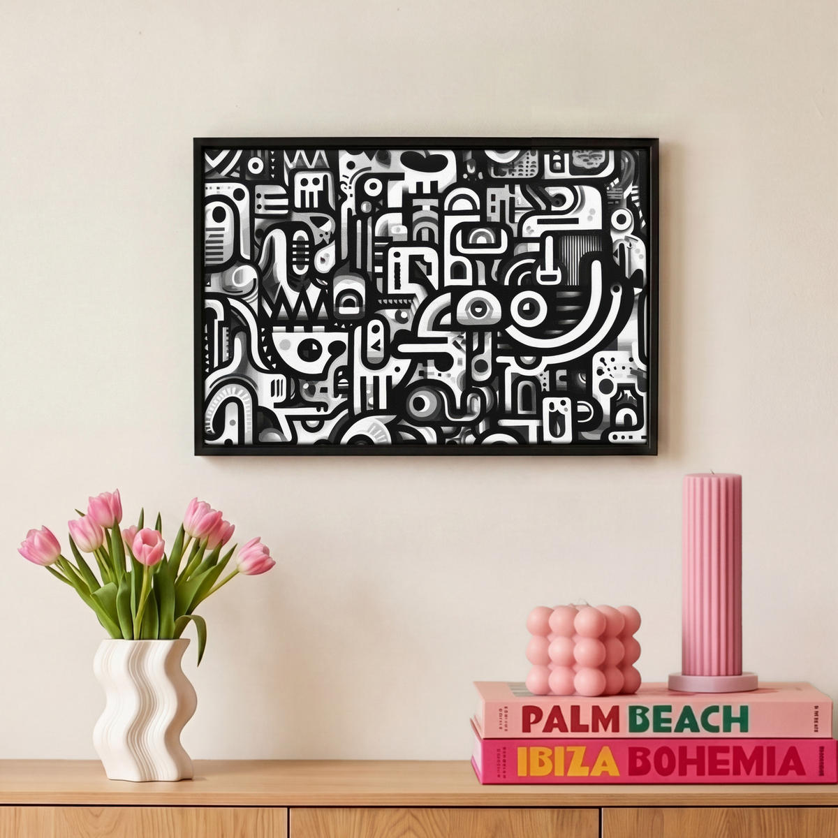 LEINWAND Bilder mit Rahmen - Symbole - Abstrakt - Grafik - Schwarz - 30x20 - Schwarz, Textil (30/20cm) - MuchoWow