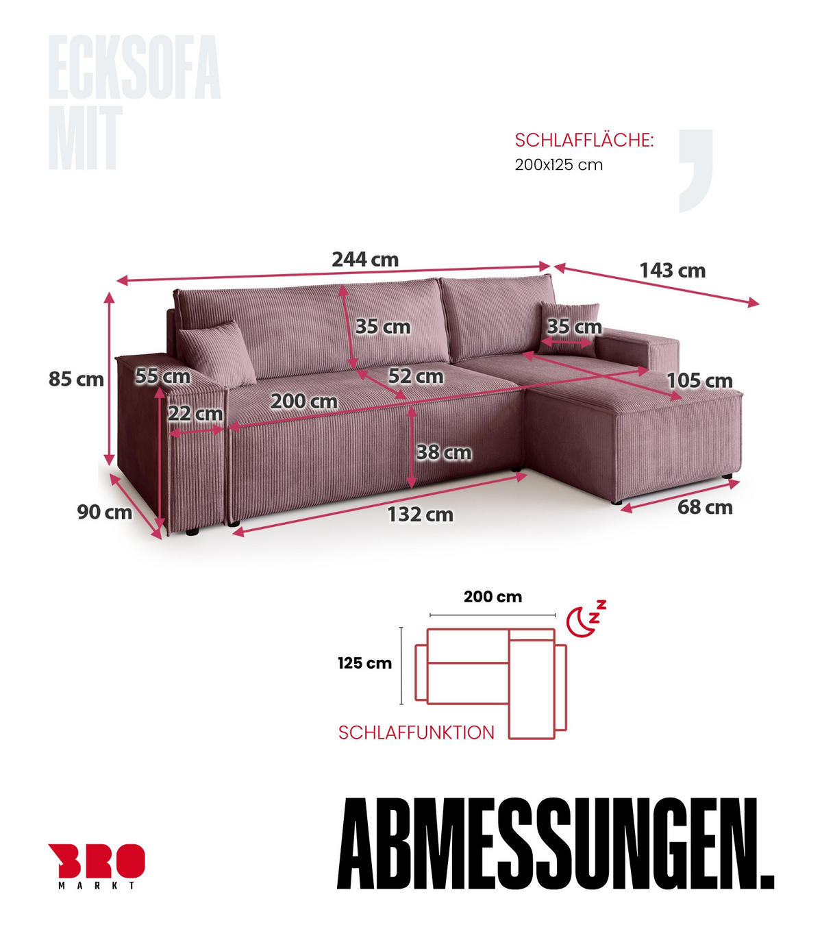 ECKSOFA ADI mit Schlaffunktion Puderrosa Cord - Rosa, Textil (244/143cm) - Bromarkt