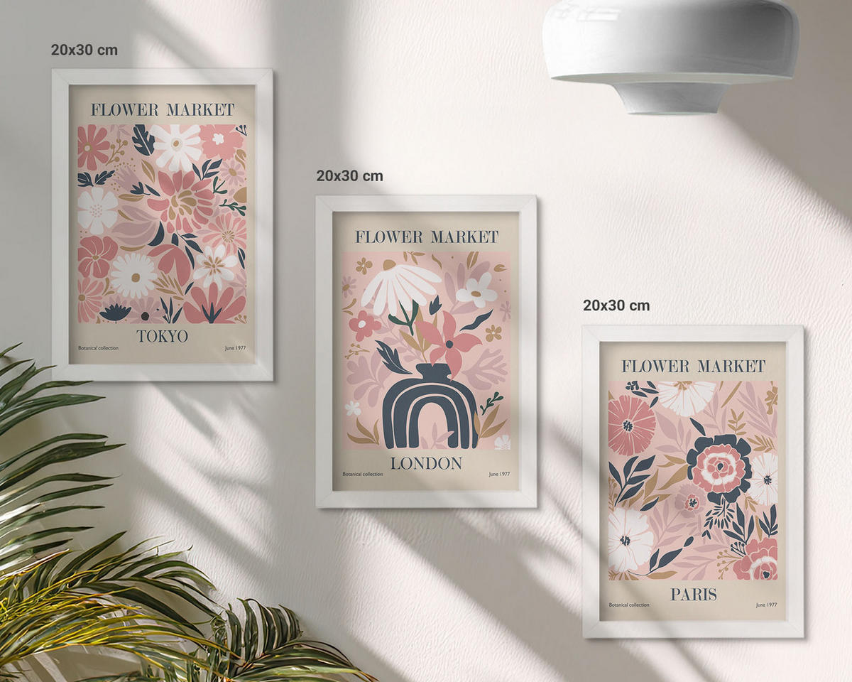 WANDBILDER 3er-Set - 20x30 cm Weißer Rahmen - Blumenmotive Tokio London Paris - Weiß, Kunststoff (20/30cm) - ArtPrintCave