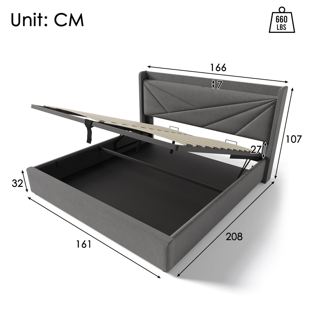 OBLAZINJENA postelja 160/200 cm z USB in USB-C priključkom ter dvižnim shranjevalnim prostorom, Siva - siva, tekstil (160/200cm) - Redom