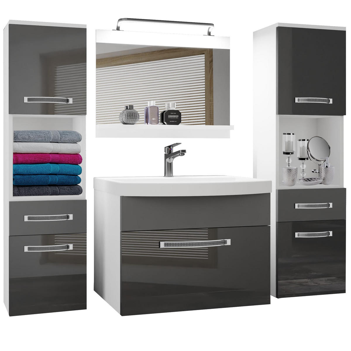 BADMÖBEL Badezimmer Grau Glänzend Matt - Silberfarben/Grau, Holz (140/113/40cm) - B BELINI GROUP