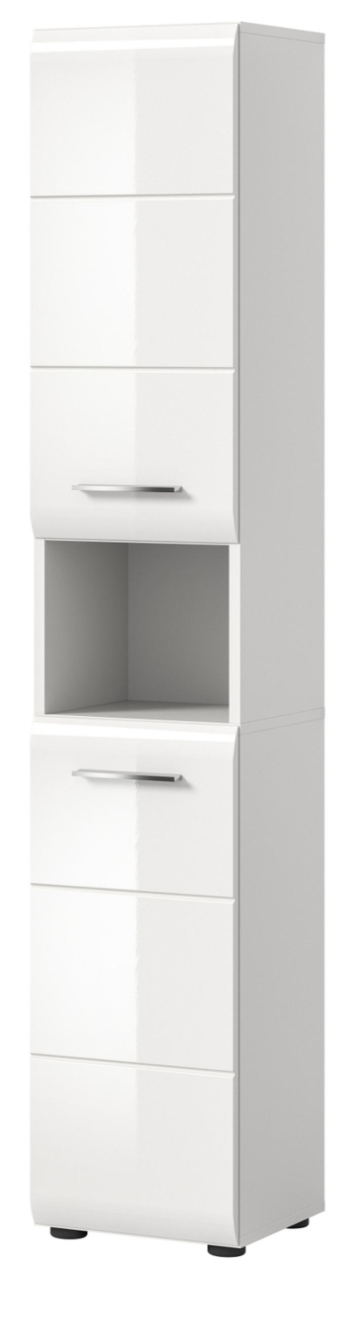 HOCHSCHRANK weiß Hochglanz, Badschrank 30 cm mit viel Stauraum - Weiß Hochglanz/Silberfarben, Holzwerkstoff/Kunststoff (30/185/30cm) - Inn.Furn