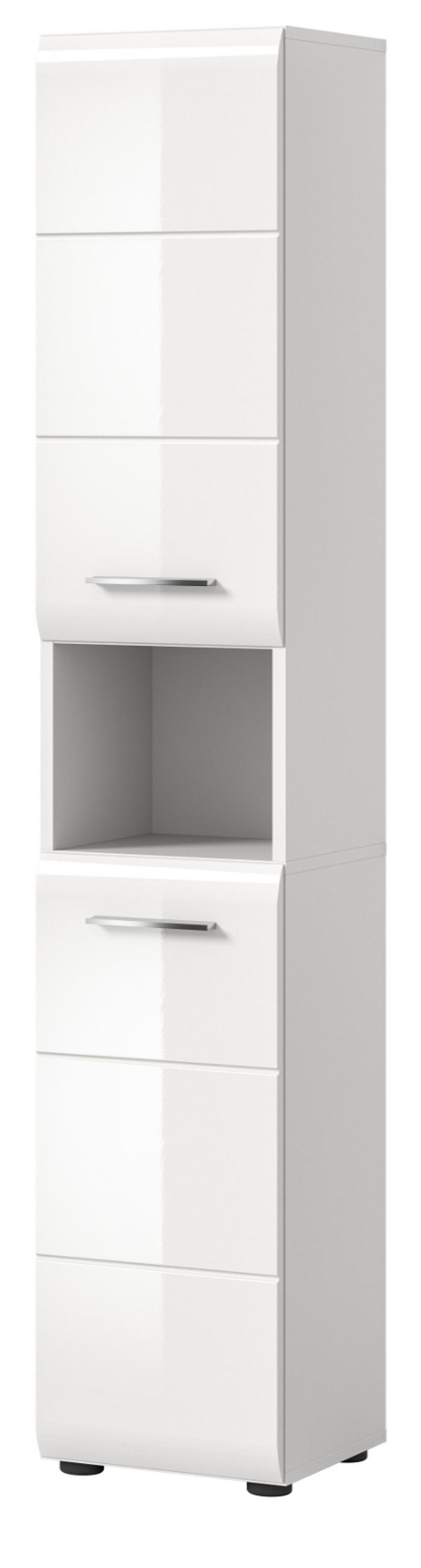 HOCHSCHRANK weiß Hochglanz, Badschrank 30 cm mit viel Stauraum - Weiß Hochglanz/Silberfarben, Holzwerkstoff/Kunststoff (30/185/30cm) - Inn.Furn