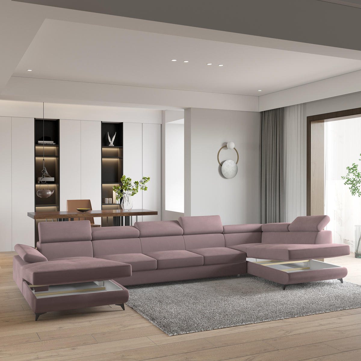 WOHNLANDSCHAFT MONTIVA Lila Velours-Stoff mit Schlaffunktion - Lila, Holz (410/89/190cm) - MASSENO