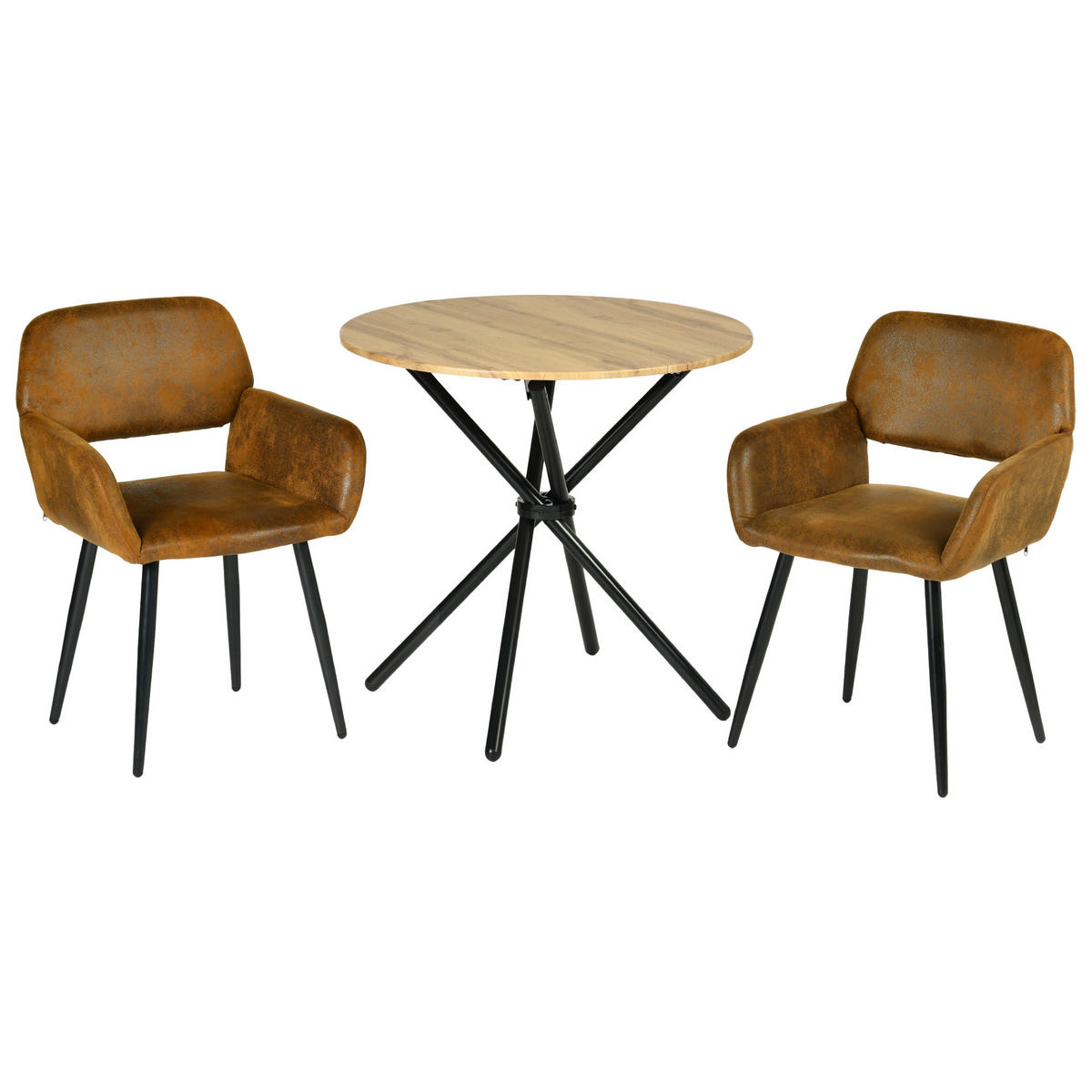 ESSZIMMER SET – 1 Tisch + 2 Stühle – Holzoptik & Wildleder - Braun, Holzwerkstoff/Metall (80/75/80cm) - Urban Meuble