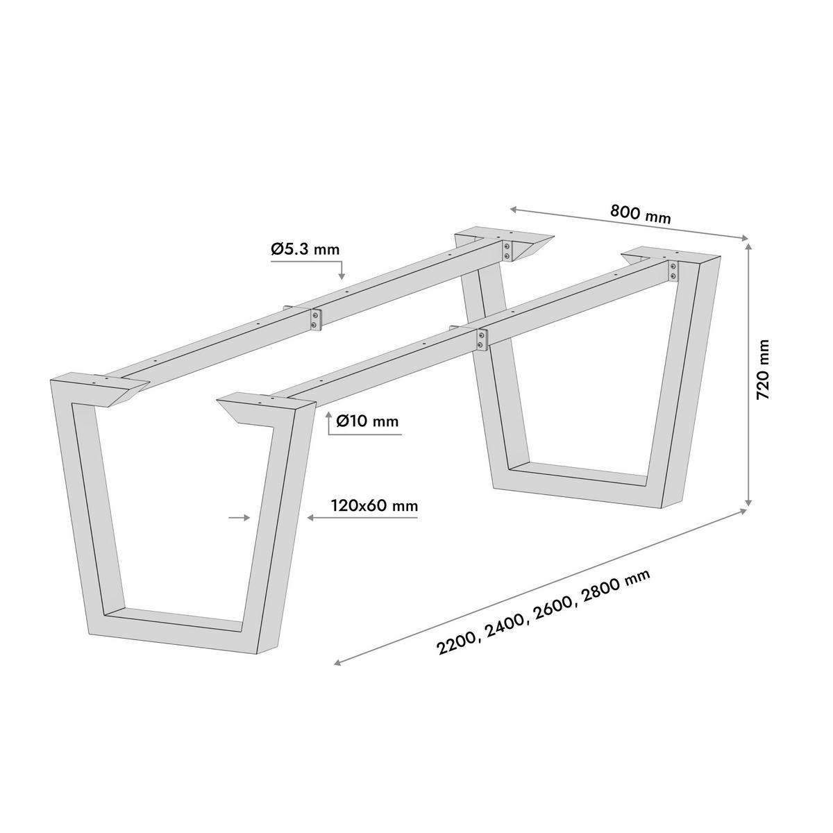 TISCHBEINE Atria Epox Extreme Metall Schwarz 280/80/72 cm - Schwarz, Metall (80/72/280cm) - Metalo Pro