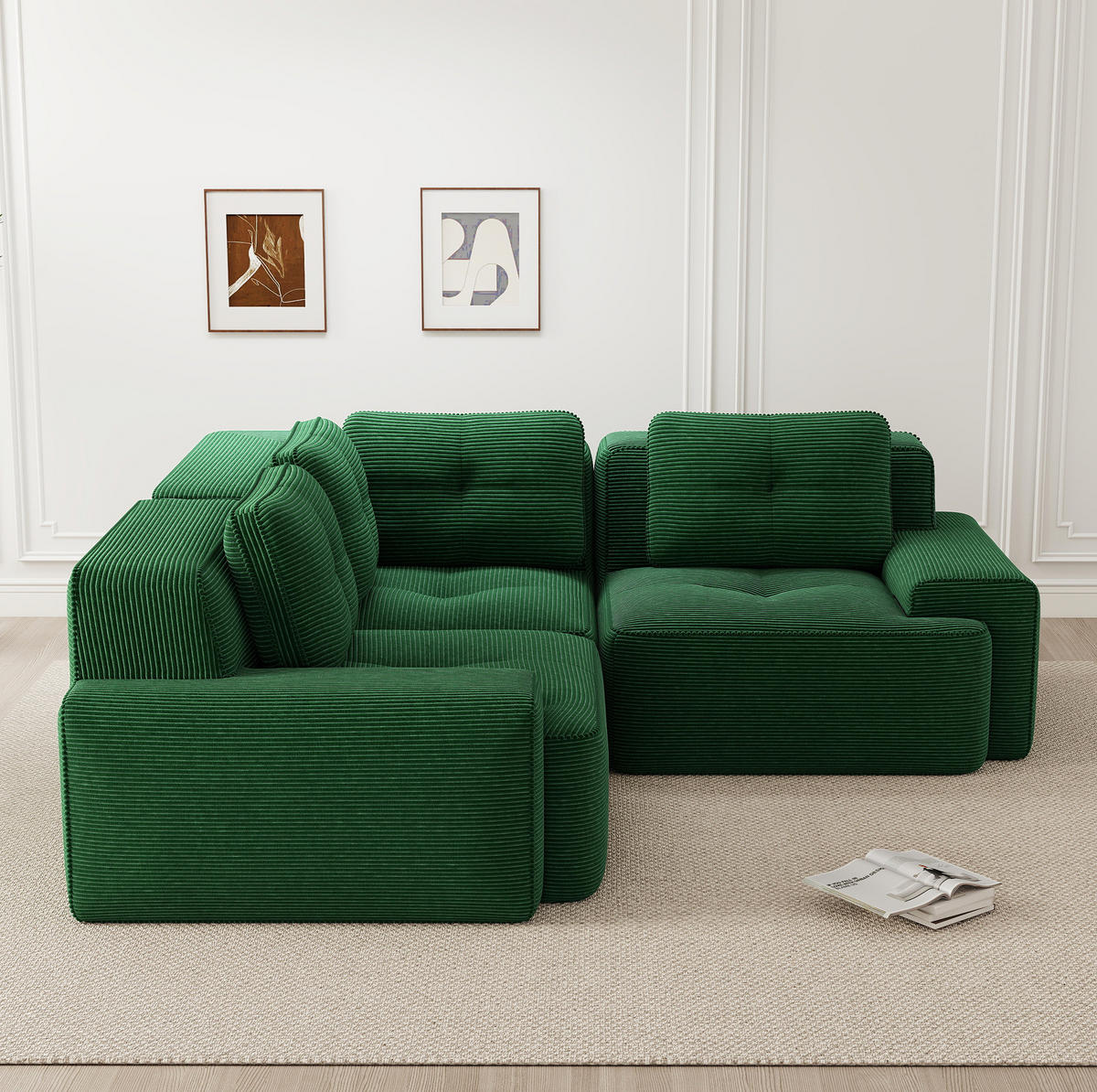 ECKSOFA 206/206/69 cm grün aus Cord mit modularem Design und rutschfestem Standfuß - Grün, Textil (206/206cm) - OKWISH