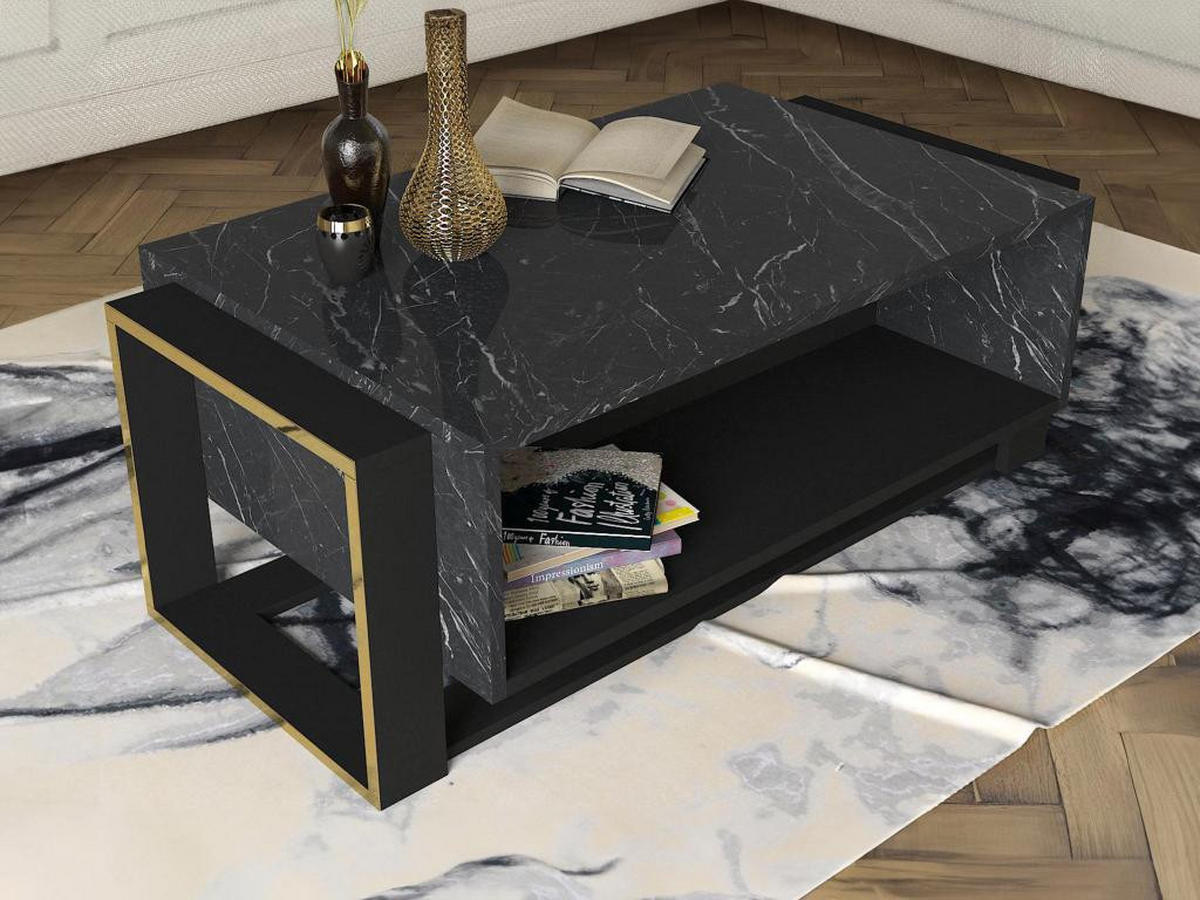 COUCHTISCH mit 1 Ablage - schwarze Marmor-Optik & goldfarben - COMEBI - Schwarz, Stein (106.4/60/40.4cm) - Vente-Unique