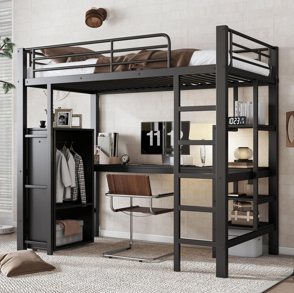 ETAGENBETT 90/200 cm schwarz aus Metall mit Schreibtisch und Stauraum - Schwarz, Metall (90/200cm) - OKWISH
