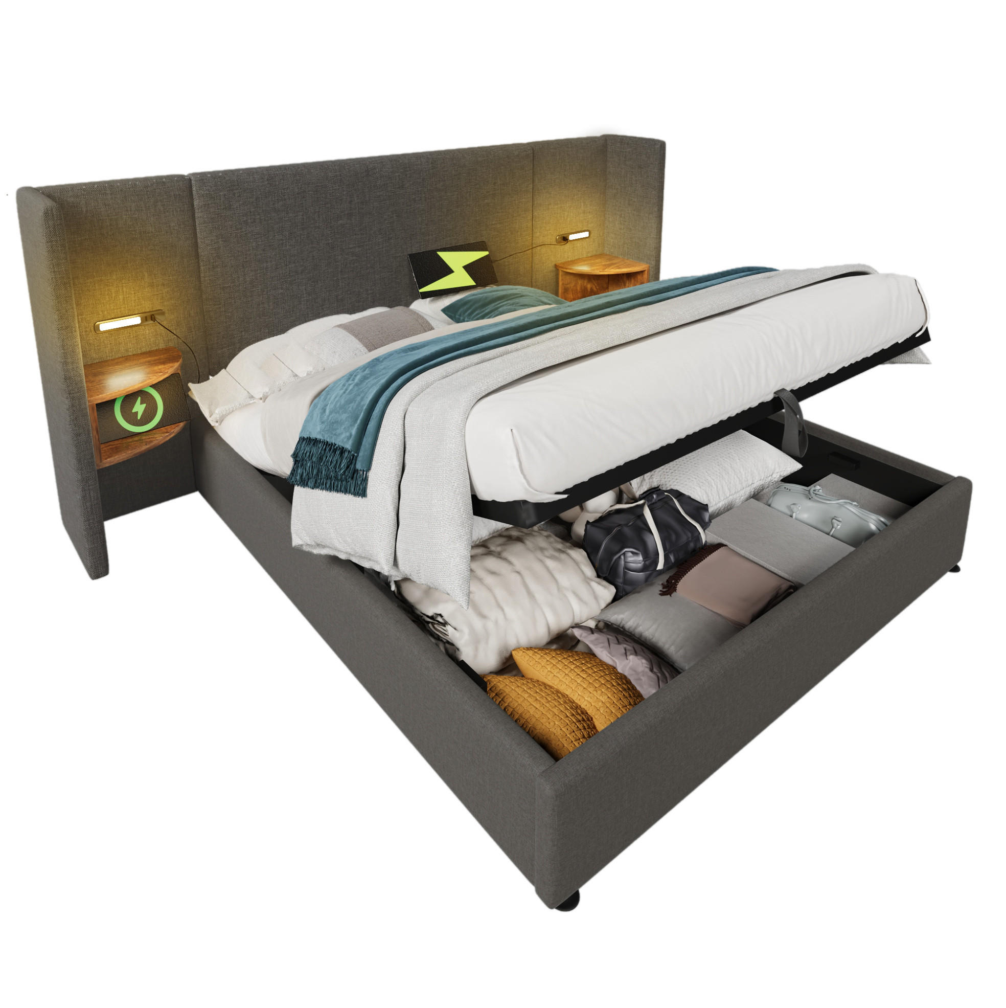 POLSTERBETT 180/200 cm Grau aus Leinen mit Stauraum - Grau, Textil (180/200cm) - OKMYHOME