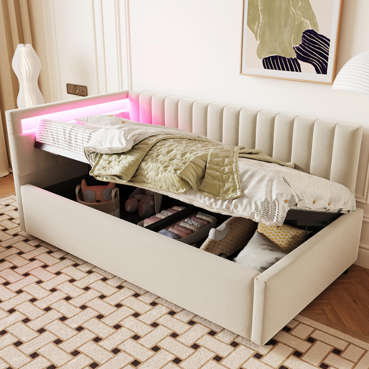 POLSTERBETT 90/200 cm beige aus Samt mit LED und hydraulischem Stauraum - Beige, Textil (90/200cm) - OKWISH