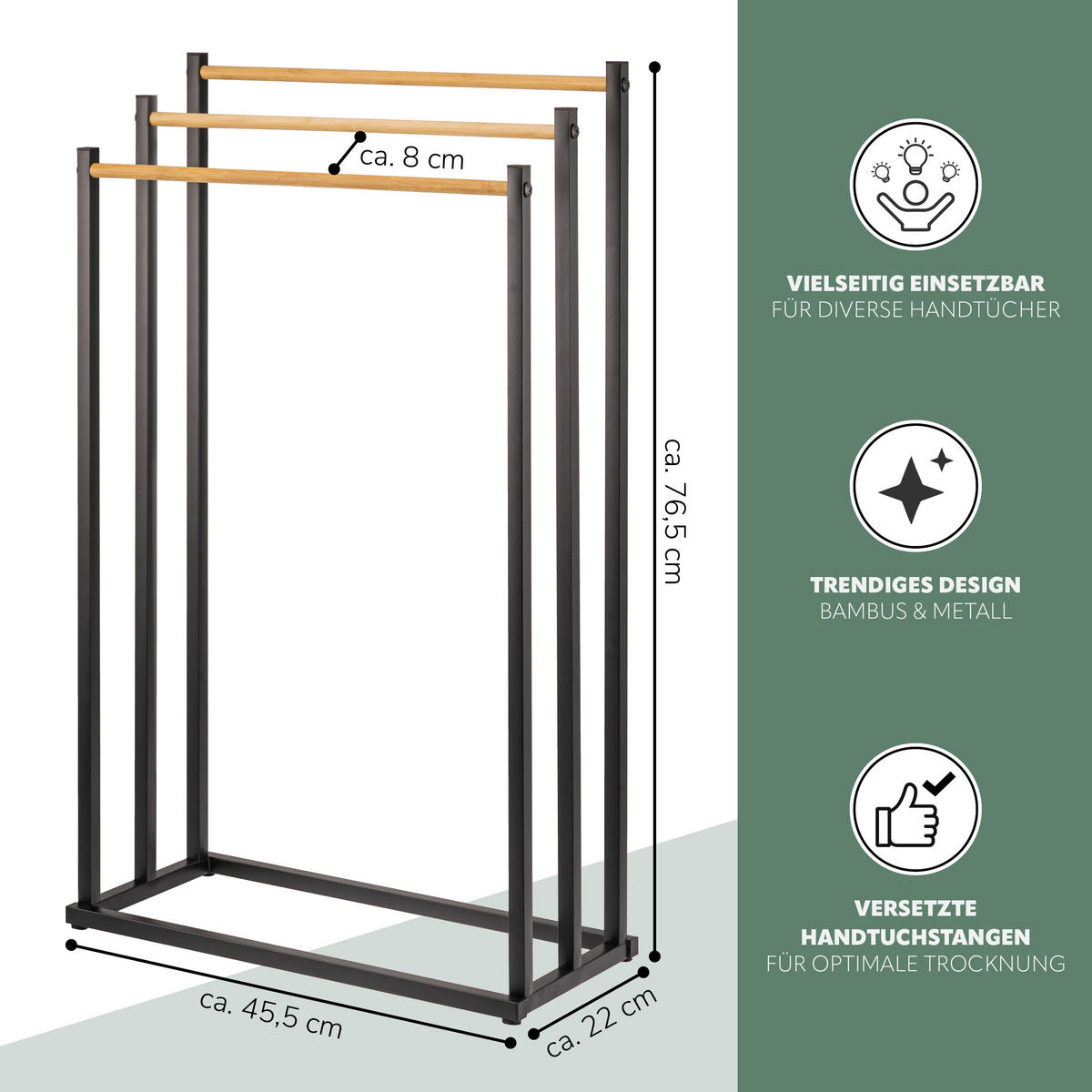 STAND-HANDTUCHHALTER, Bambus/Metall schwarz - Schwarz, Metall (45.5/76.5/22cm) - eluno