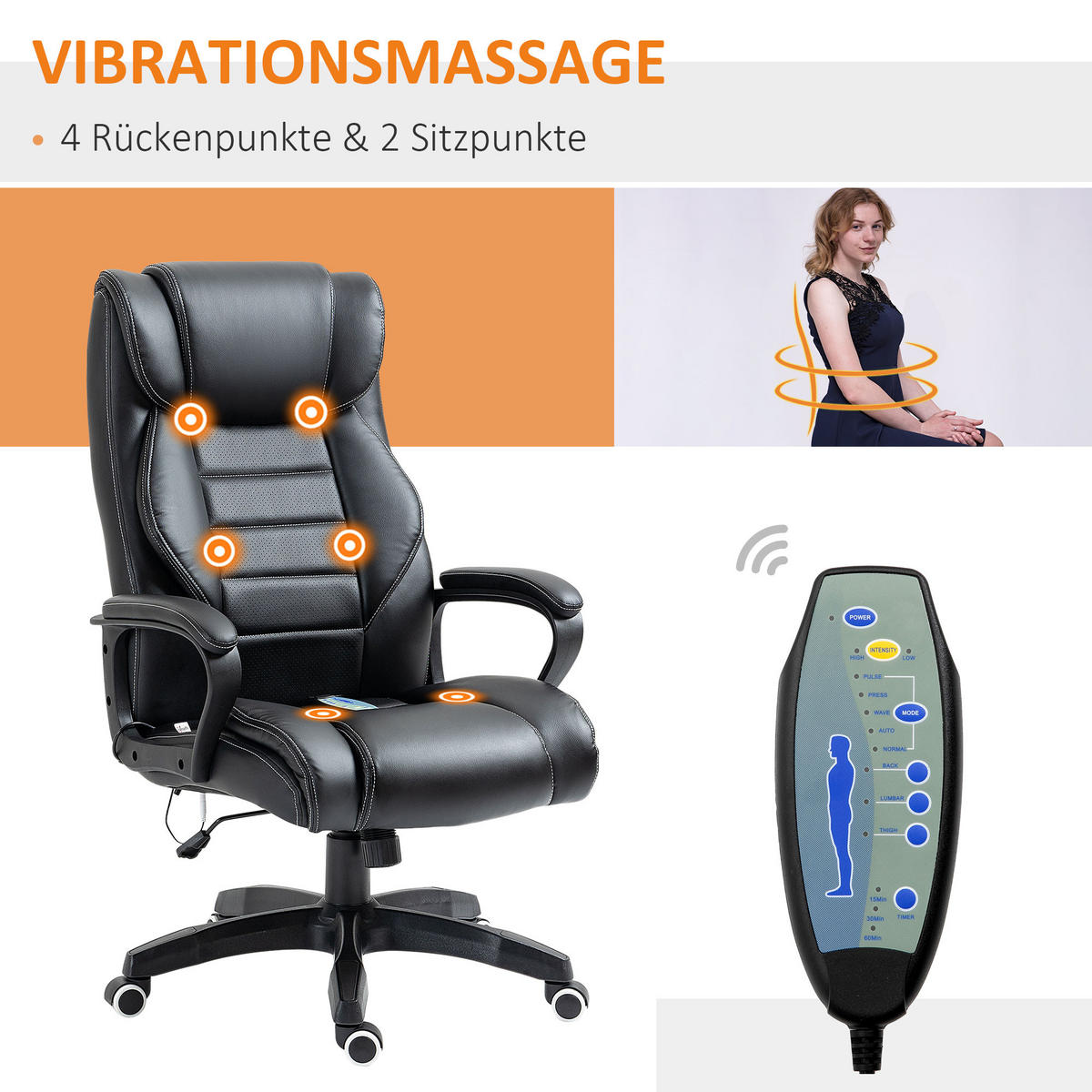 BÜROSTUHL mit Massage, Schwarz - Schwarz, Leder (78/120/66cm) - Vinsetto