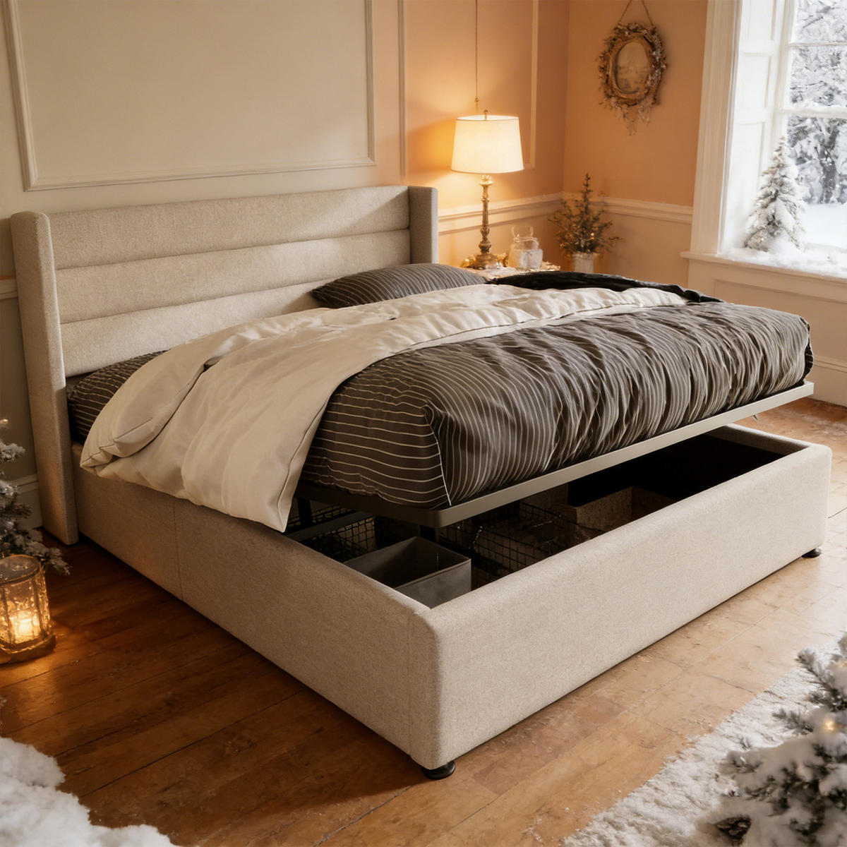 BETT 160x200 cm mit Hydraulischer Bettkasten, Doppelbett 160x200 cm, Skandinavischer Stil, Polsterbett, Leinen Beige - Beige, Textil/Metall (160/200cm) - GENKI LIVING