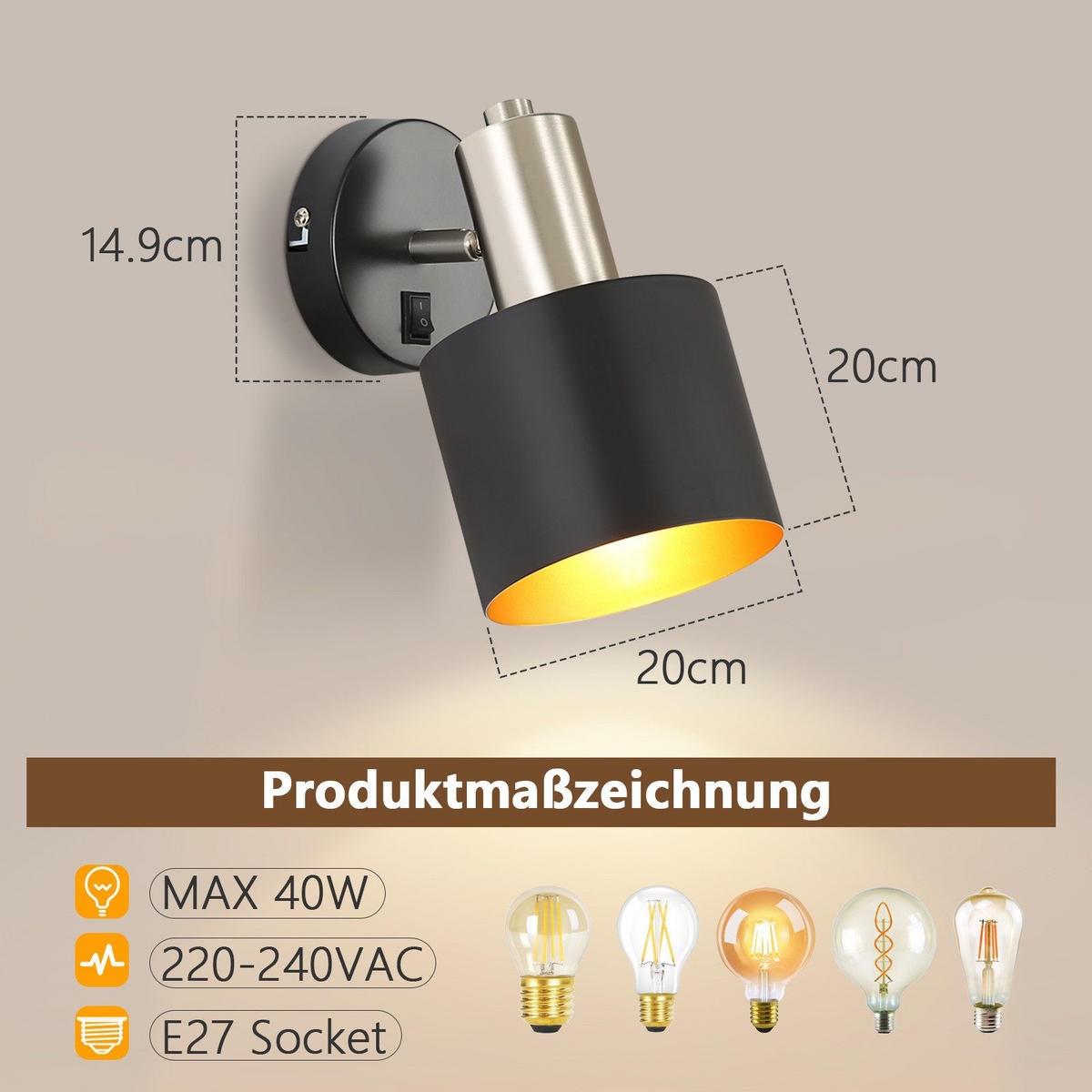 WANDLEUCHTE Massey - Schwarz, Metall (20/14.9/20cm) - Nettlife