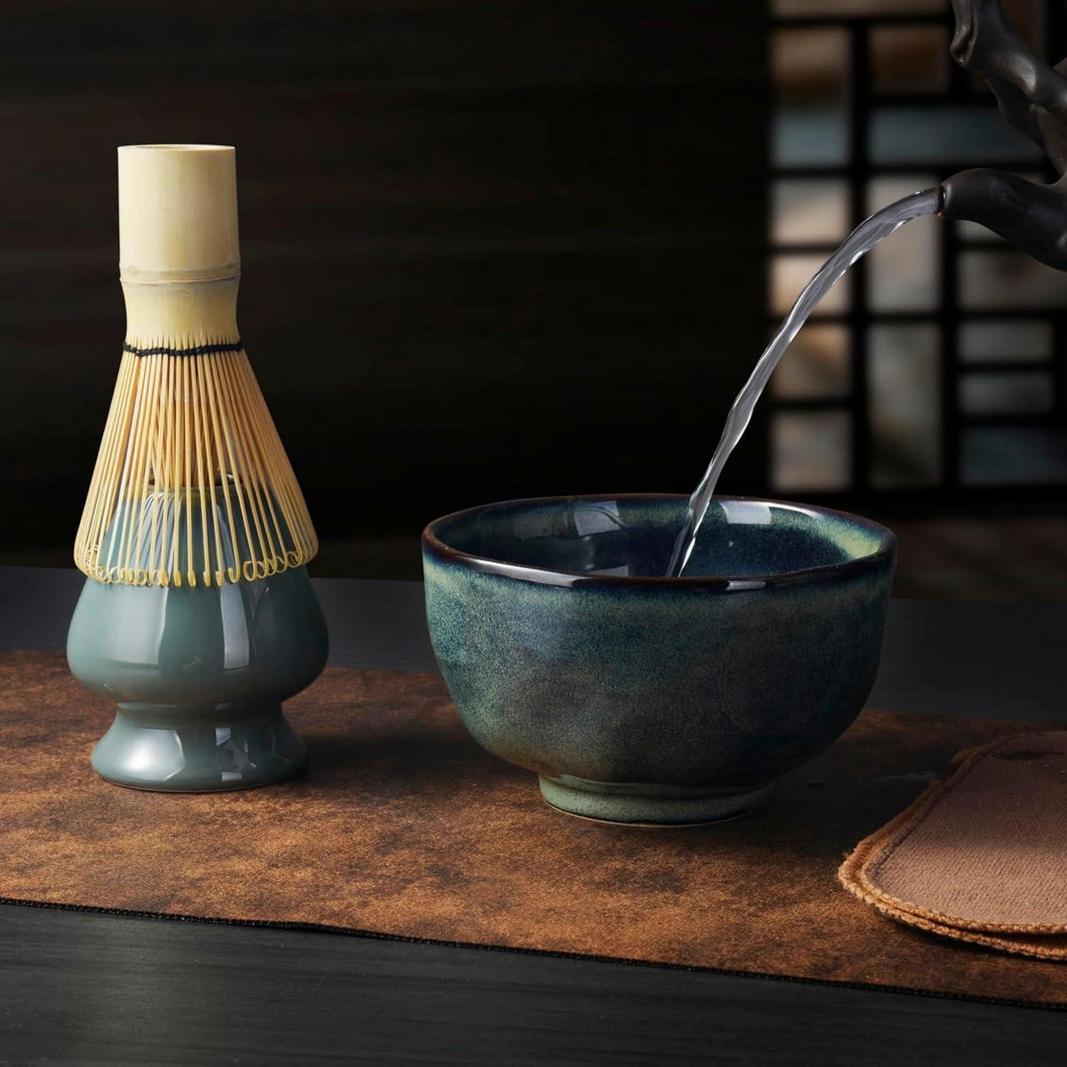 MATCHA-TEESET 5-teiliges Set Keramikschale Bambusbesen - Grün, Keramik (19.4/8.9/24.6cm)