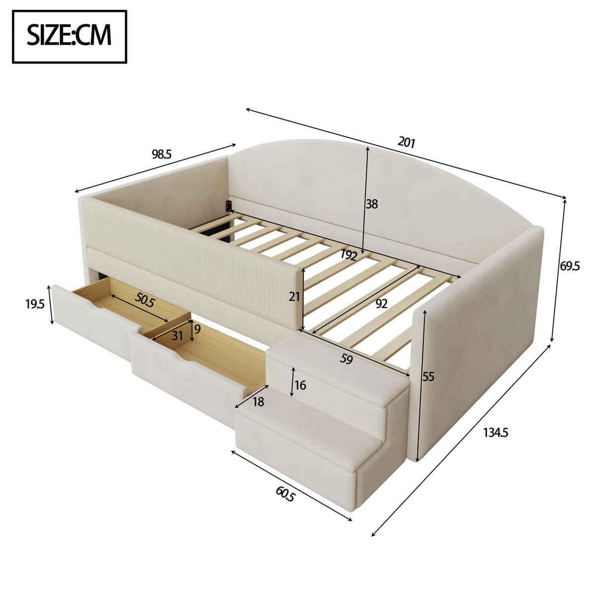 KINDER-POLSTERBETT 90/190 cm aus Samt mit 2 Schubladen und Schutzbügel Beige - Beige, Textil (90/190cm) - Modenvie