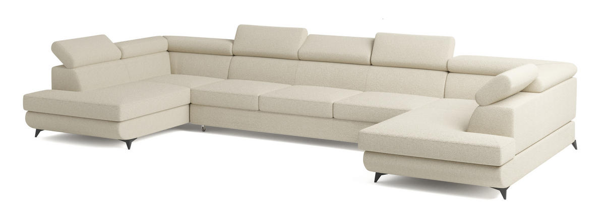 WOHNLANDSCHAFT URMANO Creme Boucle-Stoff mit Schlaffunktion - Creme, Holz (395/89/190cm) - MASSENO