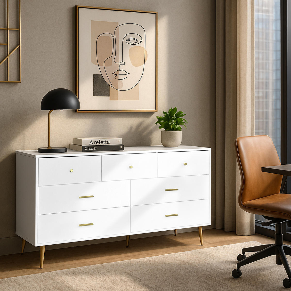 SIDEBOARD mit 6 Schubladen und Goldenen Akzenten, 140/35/76cm - Weiß, Holzwerkstoff/Metall (140/76/35cm) - Urban Meuble