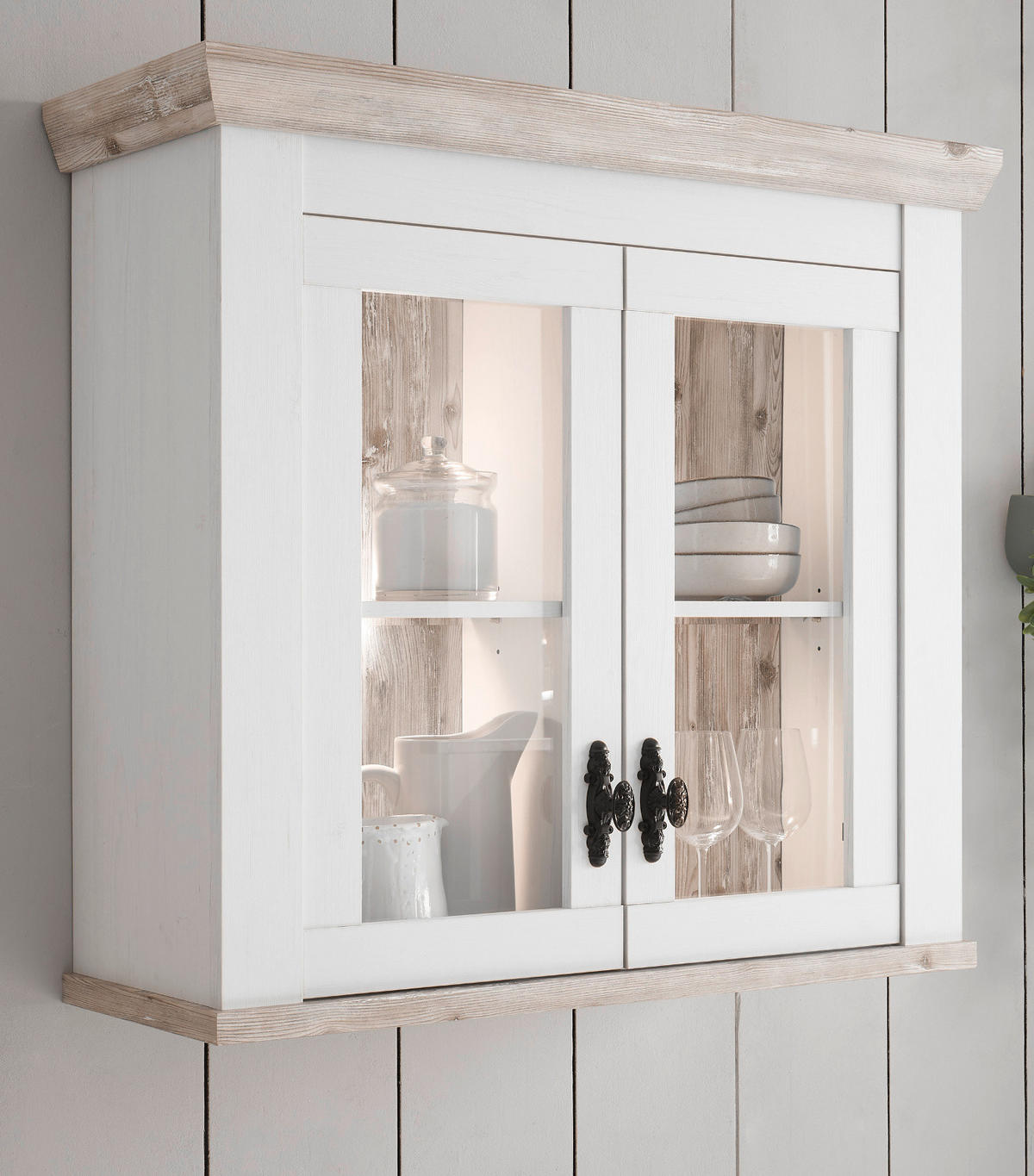 HÄNGESCHRANK weiß Pinie Landhaus, Küchenschrank hängend 92 x 85 cm, Soft-Close - Schwarz/Weiß, Glas/Holzwerkstoff (92/85/34cm) - Furn.Design