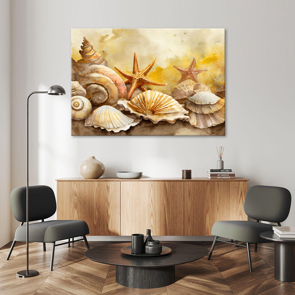 LEINWANDBILD Muscheln und Seesterne gemalt 100x70cm - Gelb, Textil (100/70cm) - Feeby