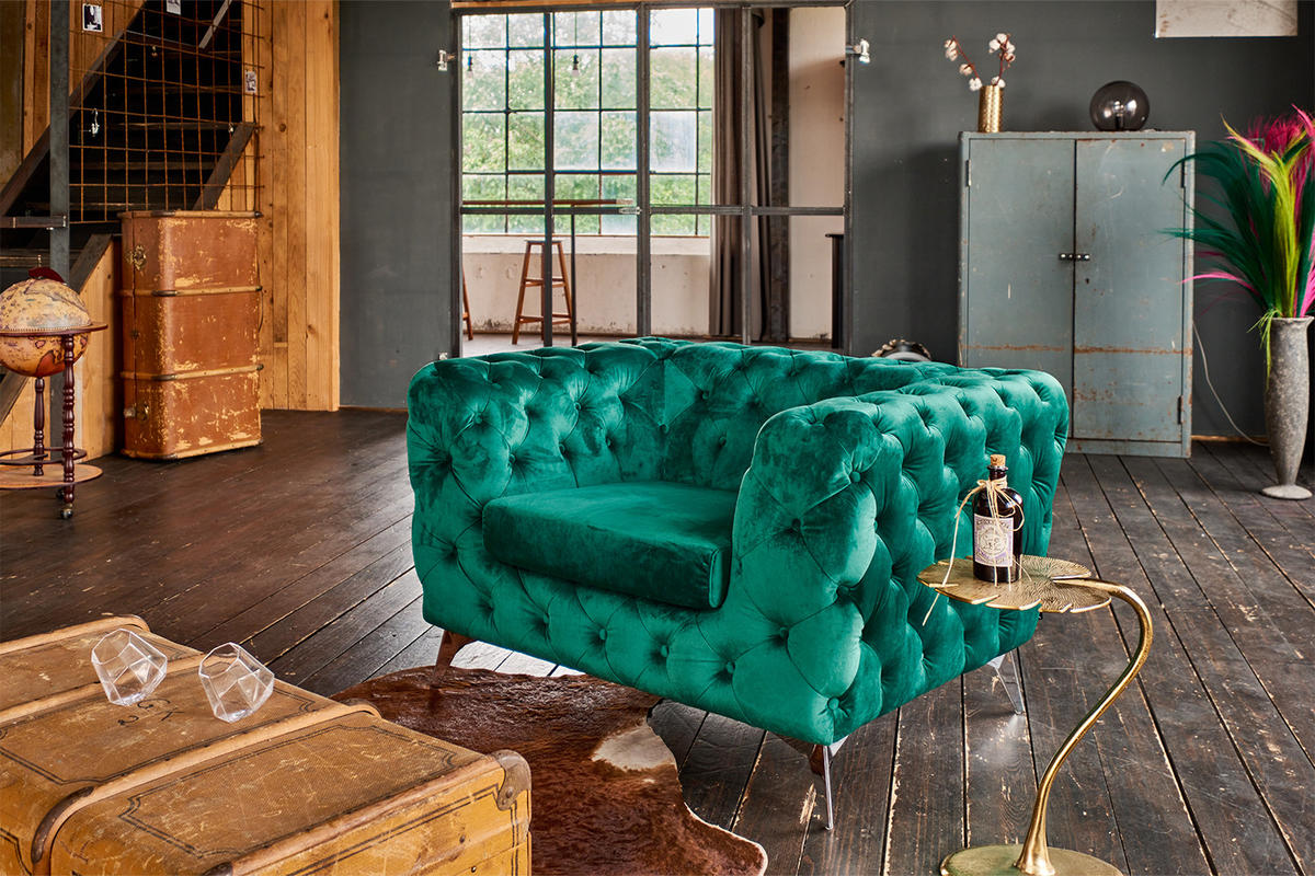 CHESTERFIELD-SESSEL NARLA Grün Velvet - Silberfarben/Grün, Textil/Metall (120/71/87cm) - KAWOLA