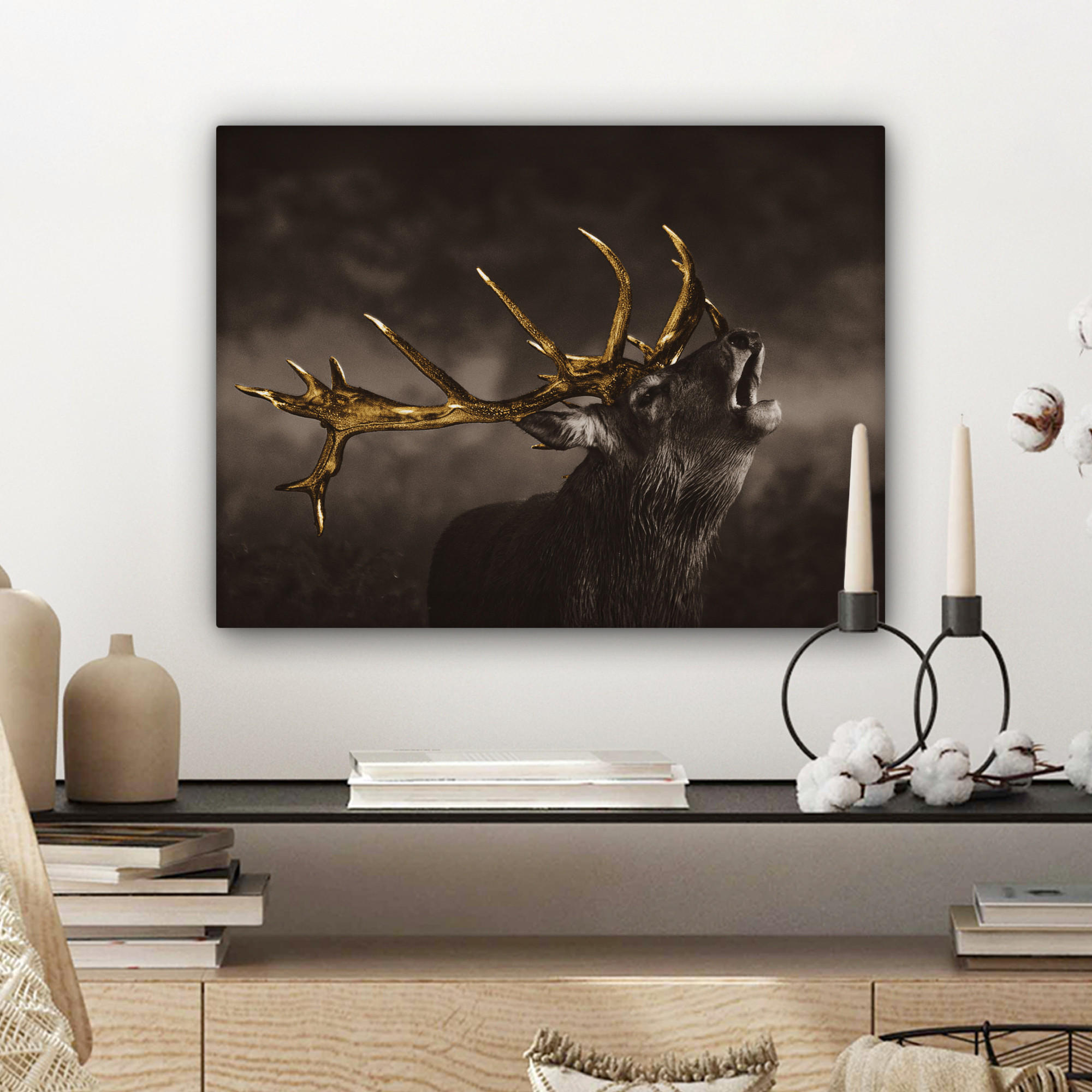 LEINWANDBILD Rotwild - Schwarz - Gold 40x30 cm - Braun, Textil (40/30cm) - MuchoWow