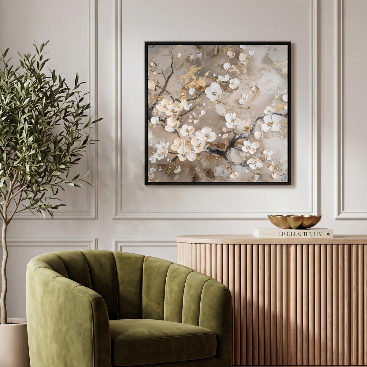 LEINWAND Bilder mit Rahmen - Blumen - Weiß - Gold - Beige - Luxus - 50x50 - Greige, Textil (50/50cm) - MuchoWow