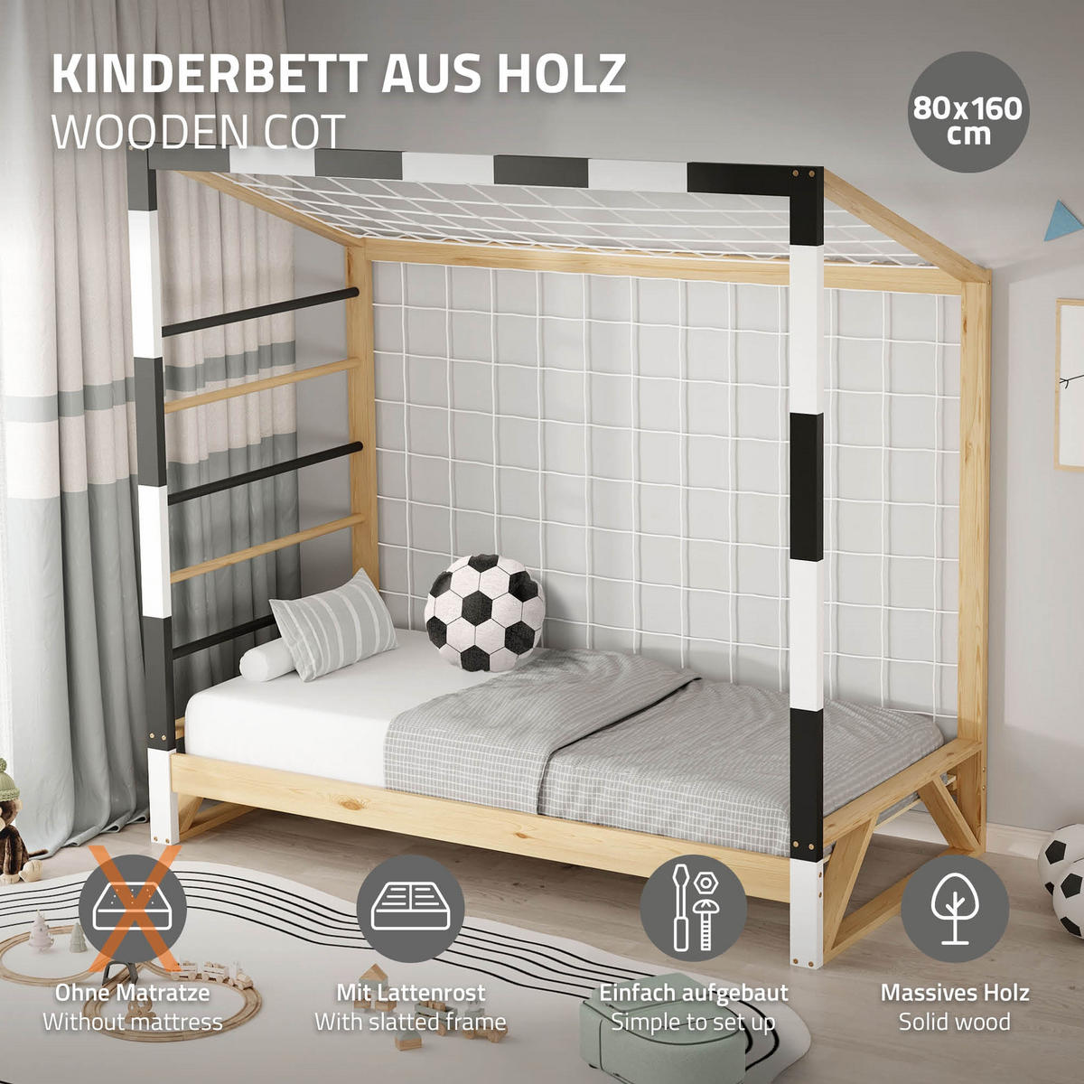 KINDERBETT Fußballtor 80x160 cm Schwarz-Weiß - Hellbraun, Holz (80/170cm) - ML-DESIGN