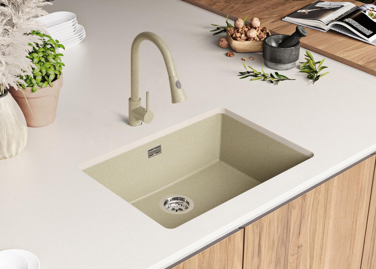 UNTERBAUSPÜLE GRANIT London, 2-er set Beige 66/47 cm 1 Becken + Küchenarmatur 40/20 cm + Ablauf-Set ab 70er Unterschrank - Chromfarben/Beige, Kunststoff (66/20/47cm) - Primagran