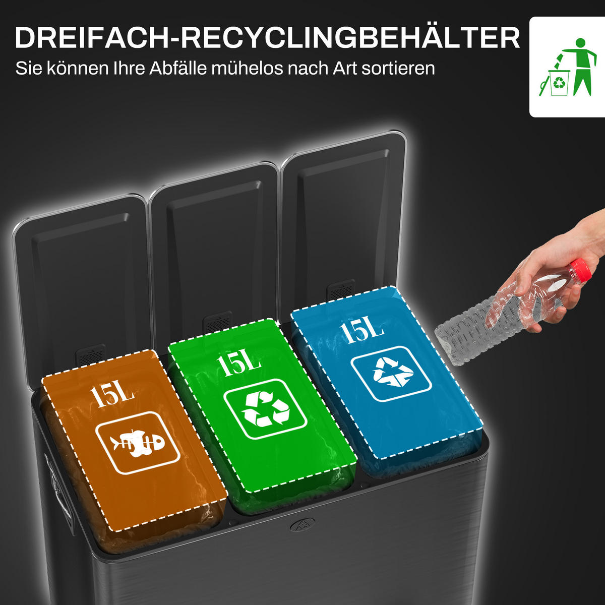 MÜLLEIMER 3 x 15L Treteimer mit Deckel, Fußpedal, Inneneimer, Edelstahl - Schwarz, Metall (36.6/43.2/61.9cm) - HOMCOM