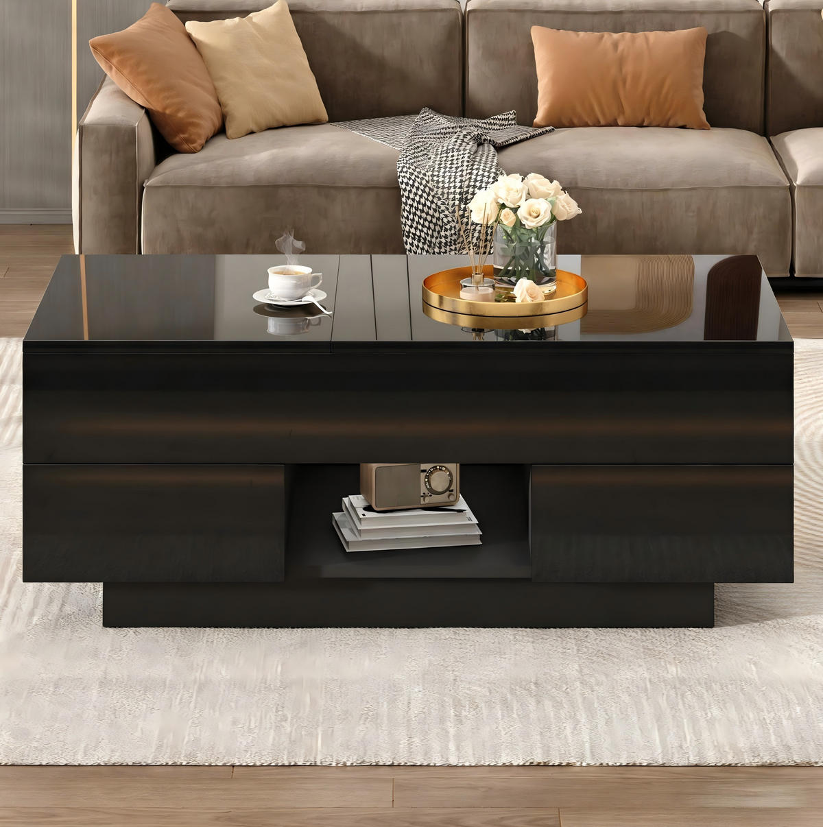 COUCHTISCH 100/45/43 cm Schwarz aus Holzwerkstoff mit höhenverstellbarer Tischplatte LED und 2 Schubladen - Schwarz, Holzwerkstoff (100/45/43cm) - OKWISH