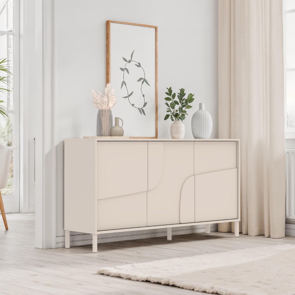 SIDEBOARD mit 3 dekorierten Türen Kaschmir 155/40/86 cm - Beige, Holzwerkstoff (40/86/6.4cm) - Calicosy