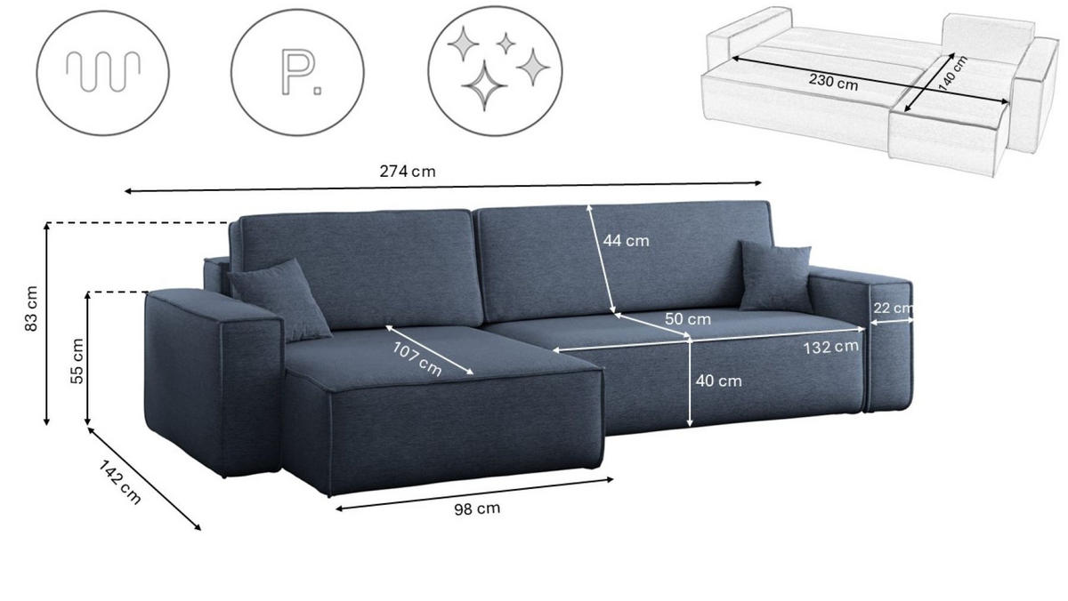 ECKSOFA Mit Schlaffunktion Und Bettkasten, Eckcouch Best XL Stoff Verita Marineblau Links - Dunkelblau, Holz (145/274cm) - Kaiser Möbel