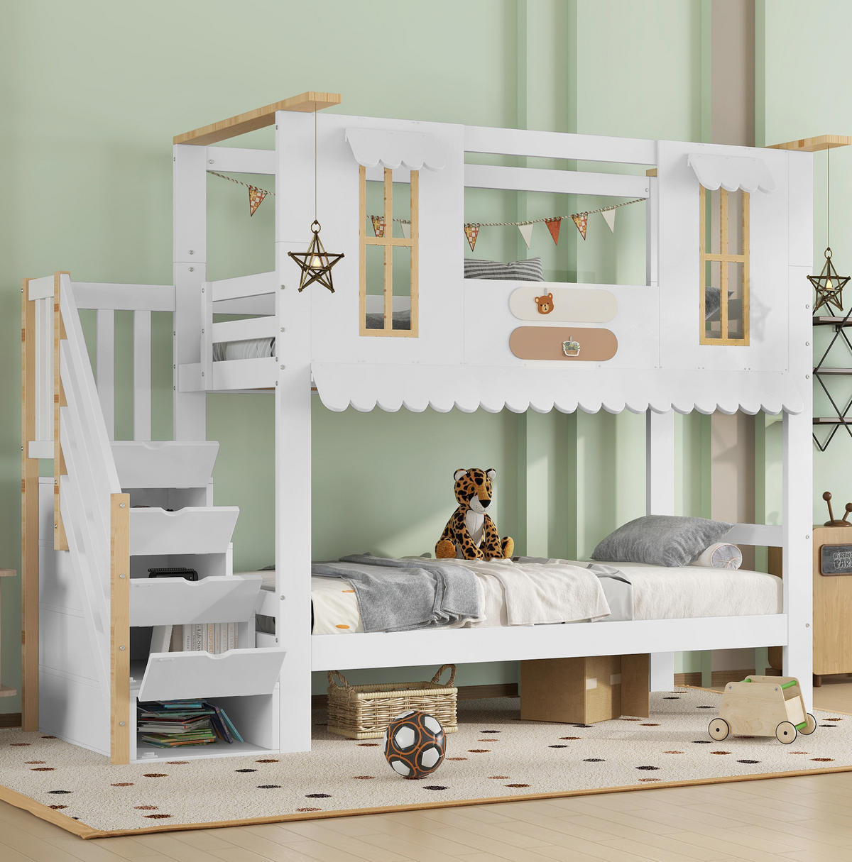 ETAGENBETT 90/200 cm Weiß/Natur mit Aufbewahrungstreppe und Hausdesign - Weiß, Holz (90/200cm) - Flora Grace