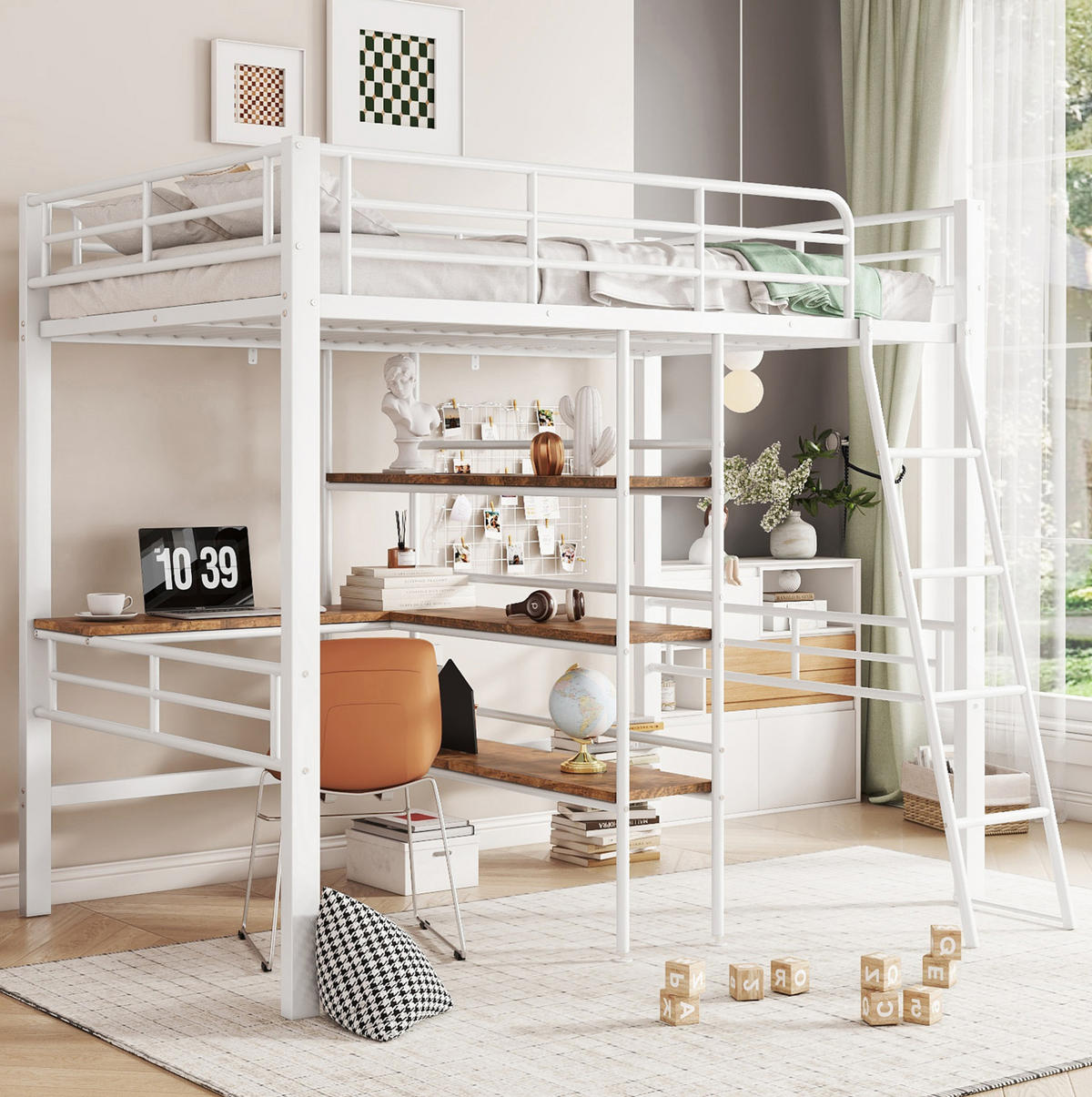 HOCHBETT 90/200 cm aus Metall mit Schreibtisch und Regalen Weiß - Weiß, Metall (90/200cm) - Modenvie