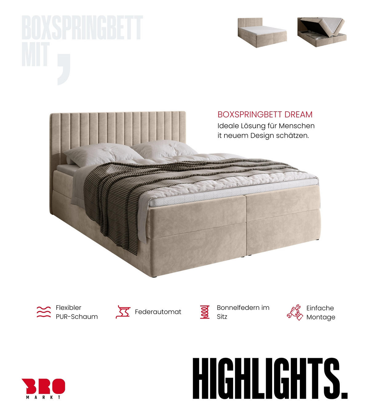 BOXBETT DREAM mit Topper 160x200 Beige - Beige, Textil (160/200cm) - Bromarkt
