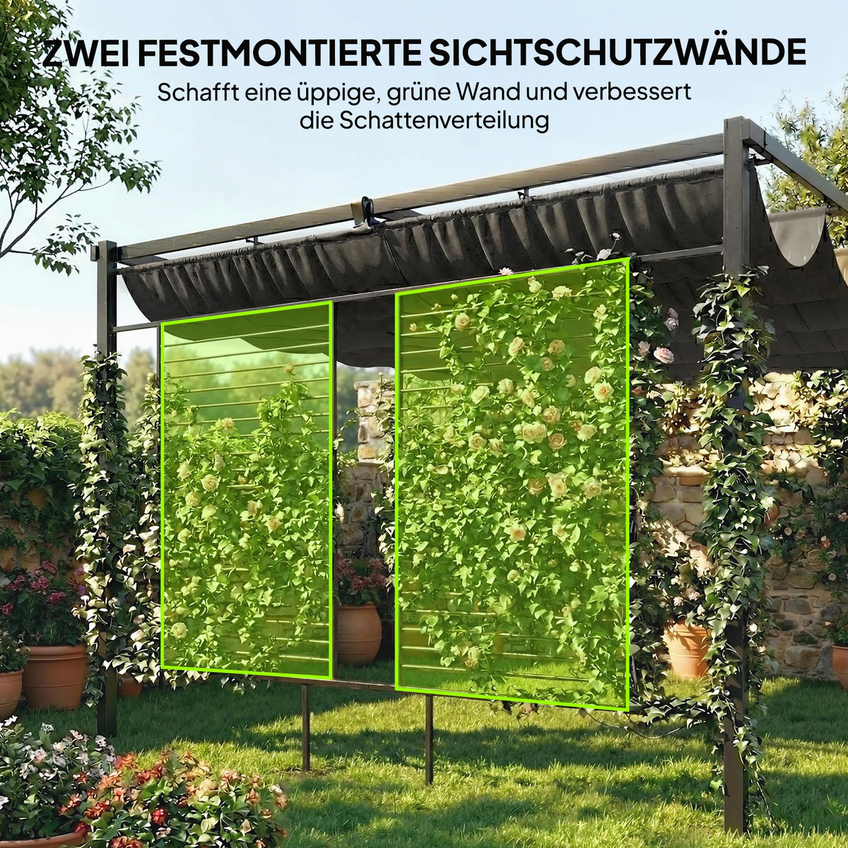 PERGOLA 3,87 x 2,97 m Terrassenüberdachung mit Schiebedach, 2 Sichtschutz, UV 50+ Dunkelgrau - Dunkelgrau, Metall (387/220/297cm)