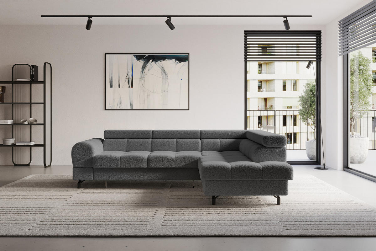 ROHOVÁ SEDAČKA s funkcí spaní otomana vpravo LUMA-L 272x203x70 šedá buklé - šedá/černá, kompozitní dřevo/textil (203/272cm) - ALTDECOR