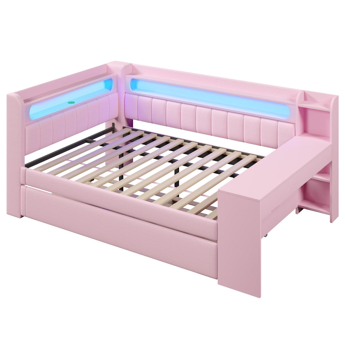 POLSTERBETT 140/200 cm rosa aus MDF mit LED und USB mit Ausziehbett und Schreibtisch - Rosa, Holzwerkstoff (140/200cm) - OKWISH
