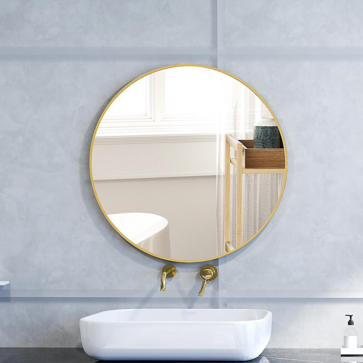 BADSPIEGEL 70x70 cm Rund Spiegel mit Rahmen, Splitterschutzfolie, Wandspiegel - Goldfarben, Metall (70/2.5/70cm) - HOMCOM
