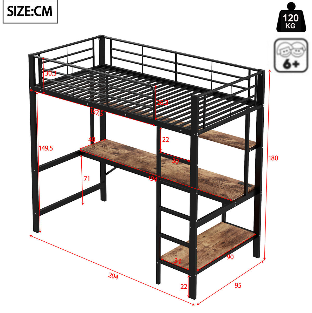 HOCHBETT 90/200 cm Schwarz aus Metall mit Schreibtisch - Schwarz, Metall (90/200cm) - OKMYHOME