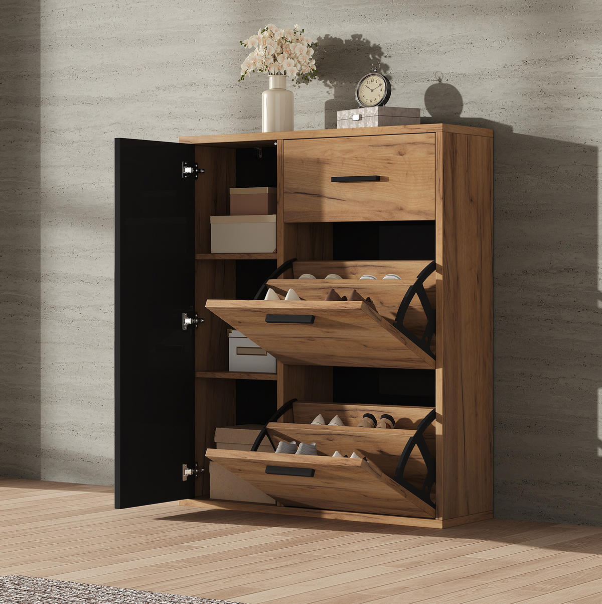 SCHUHSCHRANK aus Spanplatte 80x24x95,5cm in Natur - Naturfarben, Holzwerkstoff (80/95.5/24cm) - Modfu