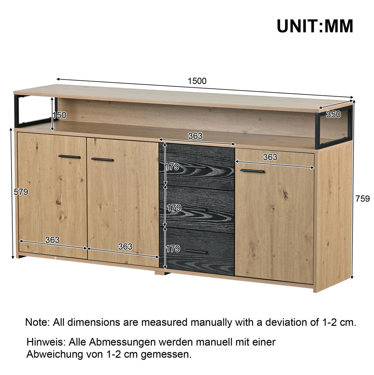 SIDEBOARD 150/35/75,9 cm aus Spanplatte mit 3 Türen und 3 Schubladen Schwarz/Braun - Naturfarben, Holzwerkstoff (150/75.9/35cm) - Modenvie