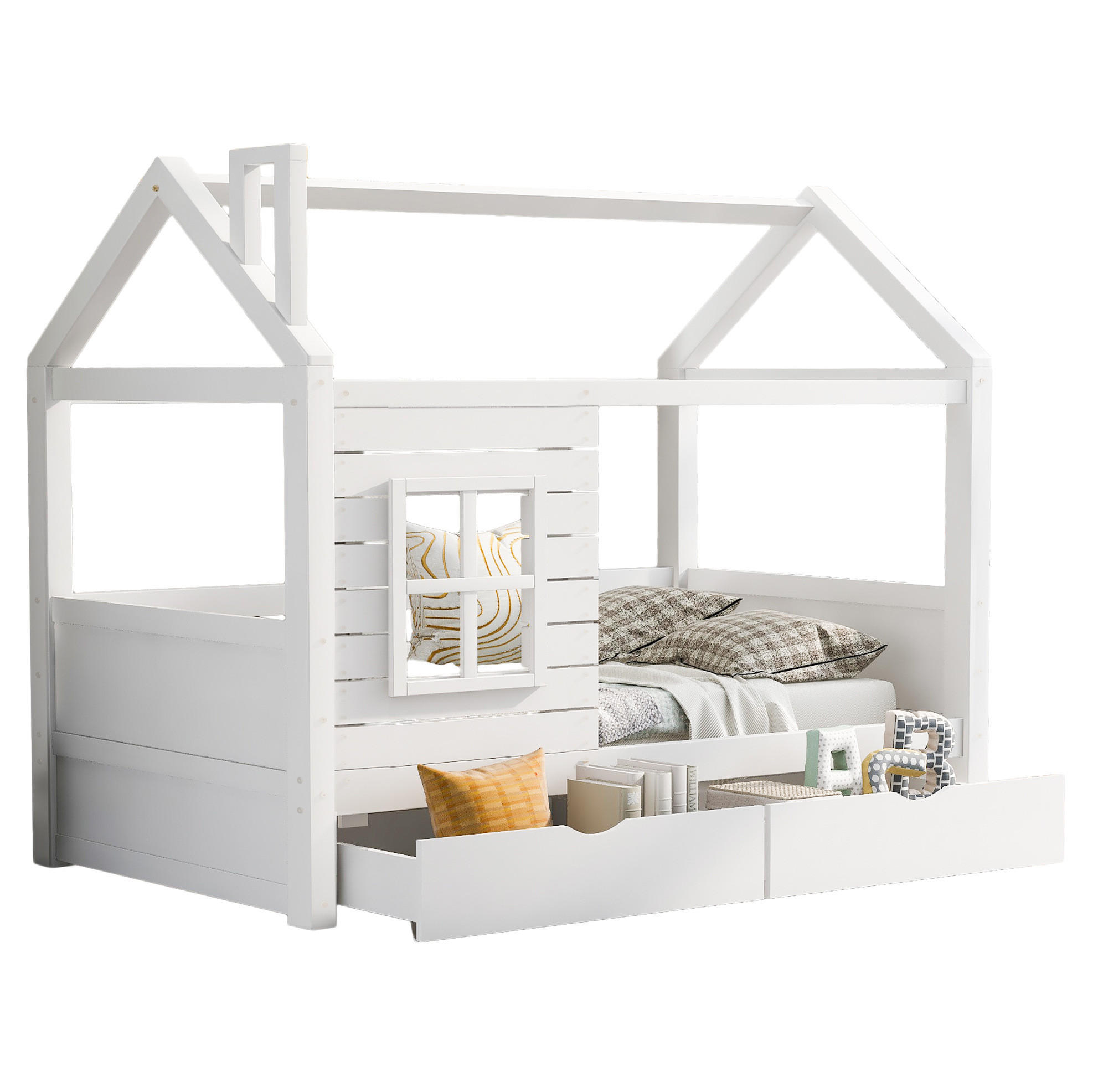 OKWISH DĚTSKÁ postel domeček 90/200 cm bílá z borovice se zábranou, okny a úložnými zásuvkami